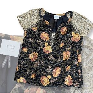 Anthropologie HD IN PARIS Floral & Gold Lace Top